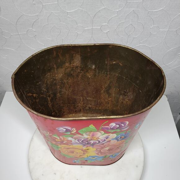 VTG Harvell Tolled Metal Trash Can 12" Red Floral Painted Oval MCM Wastebasket - Picture 12 of 16
